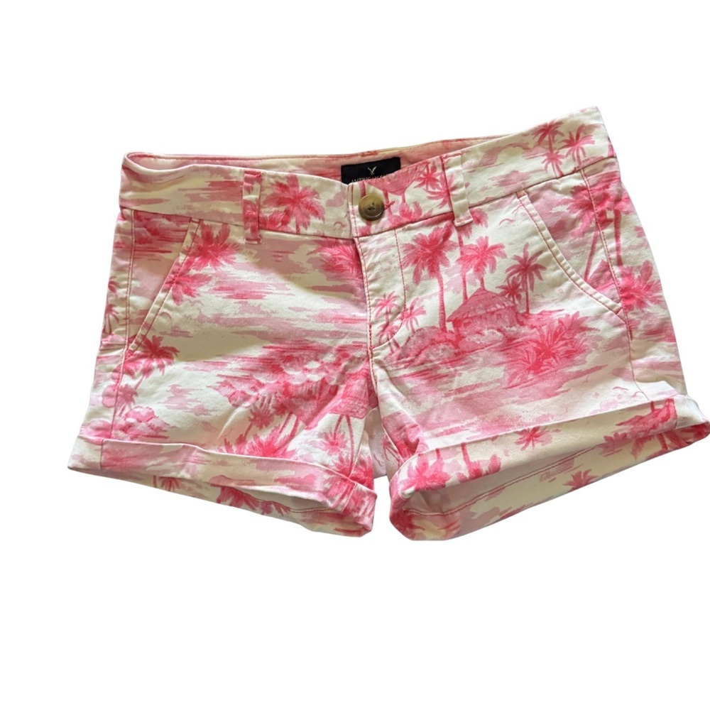 American Eagle Pink Tropical Print Jean Shorts